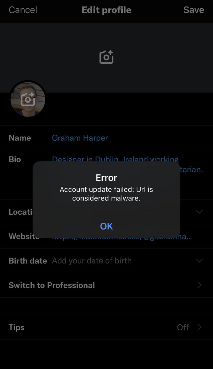 Yikes, Twitter now prevents you from adding a Mastodon account URL to your Twitter bio website field saying it’s considered “malware”. Petty much @elonmusk ?