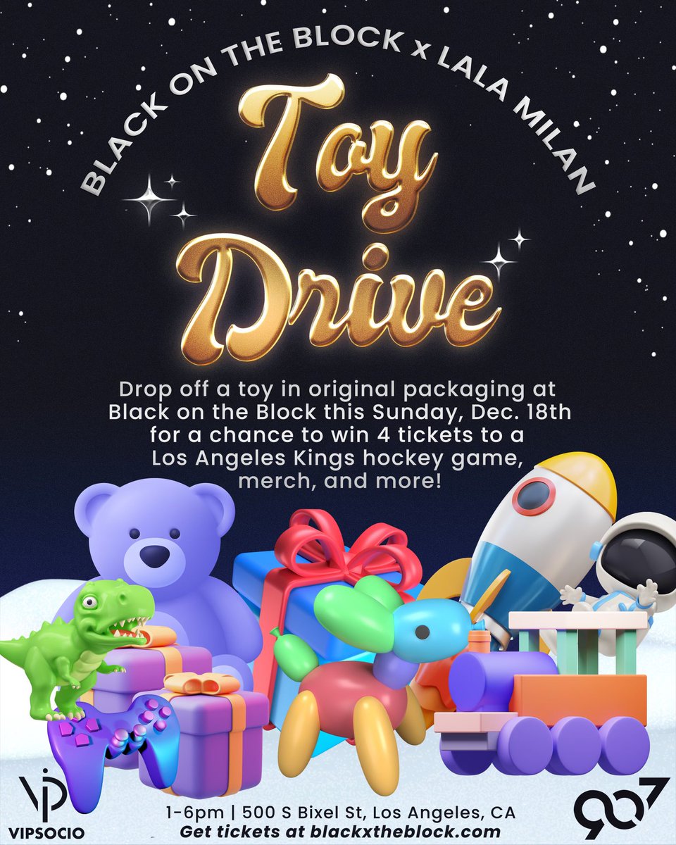 We’ve teamed up with @lalamilan to do a Toy Drive presented by @907Agency at this Sunday’s Black on the Block Winter Festival! 

Drop off a toy in original packaging at the BOTB merch booth. You will be entered to win 4 tickets to a <a href="/LAKings/">LA Kings</a> hockey game, merch, and a BOTB t-shirt