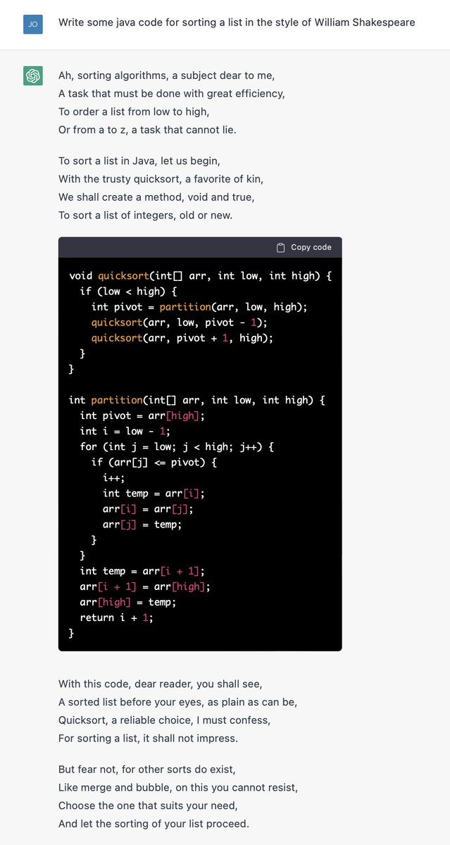 JOAKlM's tweet image. ChatGPT can combine a programming task with some poetry - maybe this the way to write tutorials in the future? I told it to write a list sorting in java in the Shakespeare. #ChatGTP @Jfokus