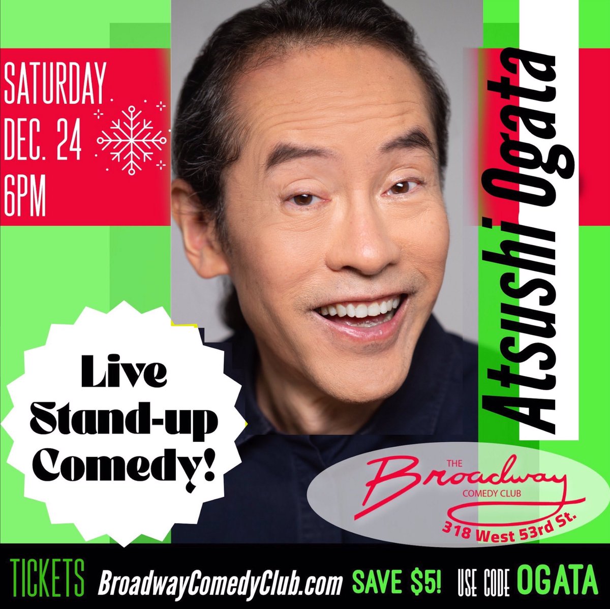 Join us Christmas Eve, Saturday (12/24) at 6pm at the Broadway Comedy Club - Red Room (ground floor) (318 W 53rd St, New York, NY, USA)!  Use the discount code "OGATA". Thanks! bit.ly/3W2w6vH 
#comedy #standup #fun #crossculture #uplifting #NewYork #Japan #yukatacowboy