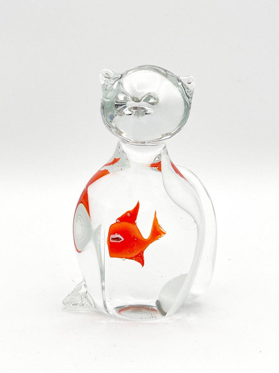 Cat That Swallowed a Fish Handblown Art Glass Paperweight | Vintage Murano HandBlown Crystal Glass Cat w/Goldfish in Belly Figurine #Kitty #cat #VintageMuranoHandblown #vintage #CrystalGlass #cats #BellyFigurine #MeowSlumberVintage #EtsyEmail 👉etsy.com/listing/135485…