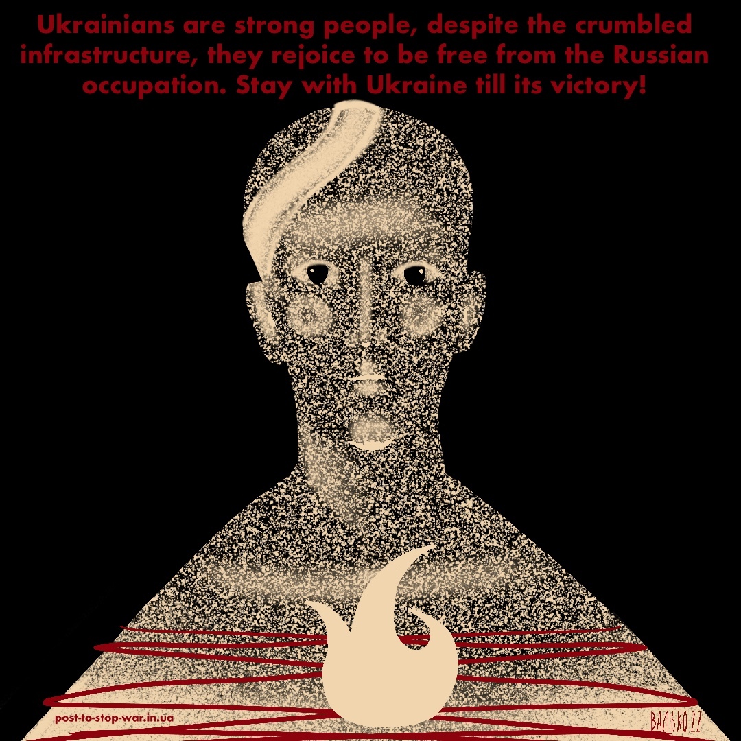 post_to_stopwar's tweet photo. Despite the crumbled infrastructure, Ukrainians rejoice to be free from the Russian occupation.

Visual author: Khrystyna Valko

Visit our website https://t.co/5uU06psALg, read a full message and share the truth!

#russiaisaterroriststate https://t.co/qJk9mfmQXl