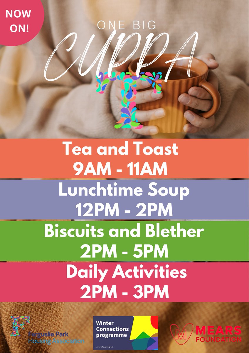 Just reminder that you can join us Monday to Friday for One Big Cuppa T, completely free and stay as long as you want. #winterconnections #cuppa #staywarm #heatorfeed