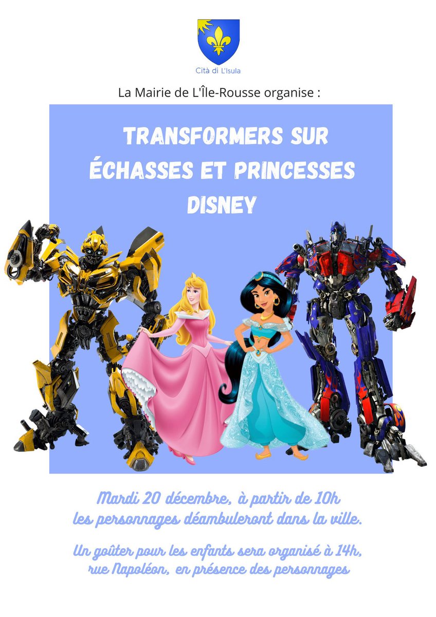 CitaDiLisula's tweet photo. 👸🏼A l’occasion des festivités de #Noël, la Municipalité organise une journée de fête en compagnie de transformers sur échasses et de deux princesses Disney qui déambuleront dans le ville toute la journée pour le plaisir des petits et des grands ! #Natale #Lisula https://t.co/6pslIbBzLu