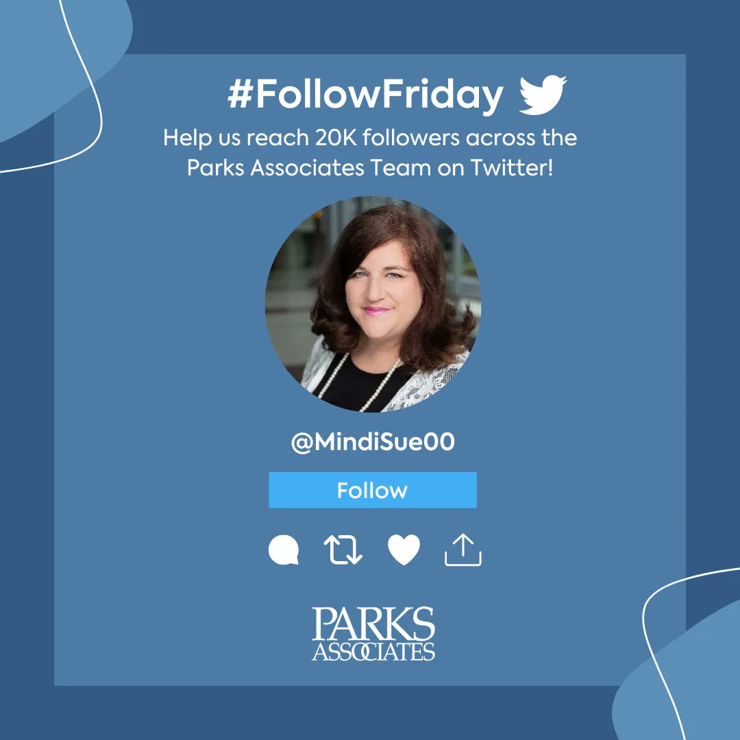 ParksAssociates's tweet photo. Happy #FollowFriday! Help us reach our goal of 20k followers across the Parks Associates Team on Twitter by following today’s spotlight team member, our VP of Marketing @MindiSue00! #ParksAssociates #ParksTeam #FollowFriday https://t.co/wBiyyOAkKc