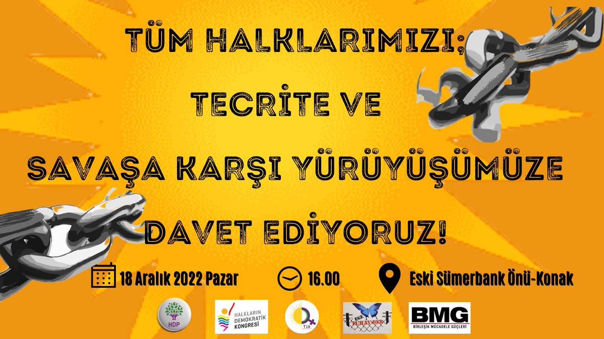 Tecride, kimyasala ve işgale karşı gerçekleştireceğimiz yürüyüşümüze, tüm halklarımızı davet ediyoruz.

🗓️ 18 Aralık 2022 Pazar
🕔16.00
📍Eski Sümerbank Önü - Konak