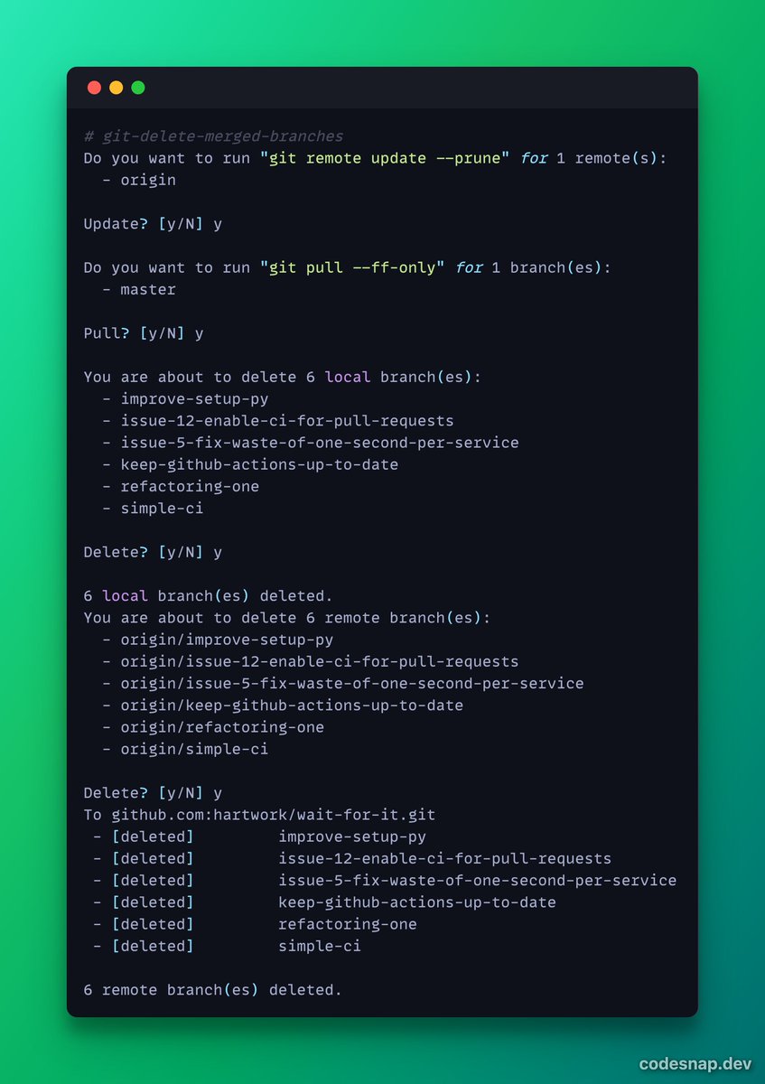 🛠️ git-delete-merged-branches

👉🏻 A command-line tool for keeping repositories clean. 
👉🏻 It supports deletion of both local and remote branches and workflows with multiple release branches.

github.com/hartwork/git-d…