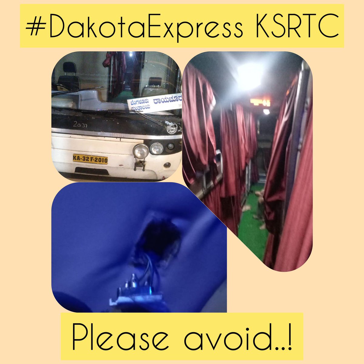 VastuEzz's tweet photo. Trip to divine @srsmutt on a #highpriced @KSRTC_Journeys  Quality of Bus:  #Unhygienic, #Unmaintained #KSRTC #busjourney #dakotabus #DakotaExpress
FYI on the Quality Maintained @sriramulubjp  @BSBommai @MORTHIndia @nitin_gadkari https://t.co/NdAnC0Aok7