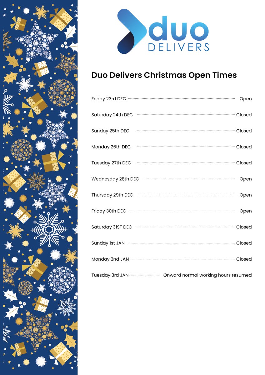 DuoDelivers's tweet photo. Tis The Season For Duo Delivers Chrsitmas Opening Times https://t.co/fnmPK31PyC
