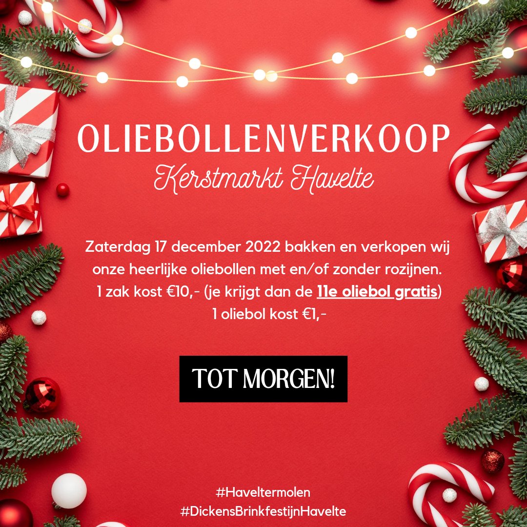 Morgen is het zover! Dan is de gezellige kerstmarkt in Havelte 🎉 Van 13.30 tot 18.30 uur bakken en verkopen wij daar verse oliebollen. Je kiest zelf hoeveel oliebollen je wilt meenemen en elke 11e oliebol (per bestelling) krijg je van ons en is dus gratis 🎅🏻 Zien we jou morgen?