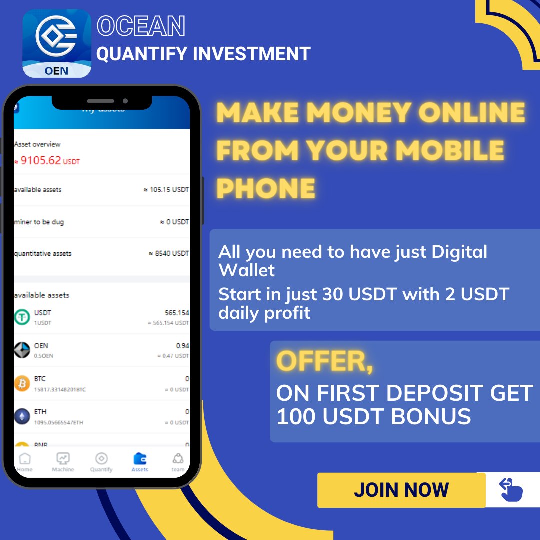 Make money online from your phone with Ocean Quantify!

Telegram: t.me/OceanQuantifyC…
Register: h5.oentoken.com/user/reg?uid=J…