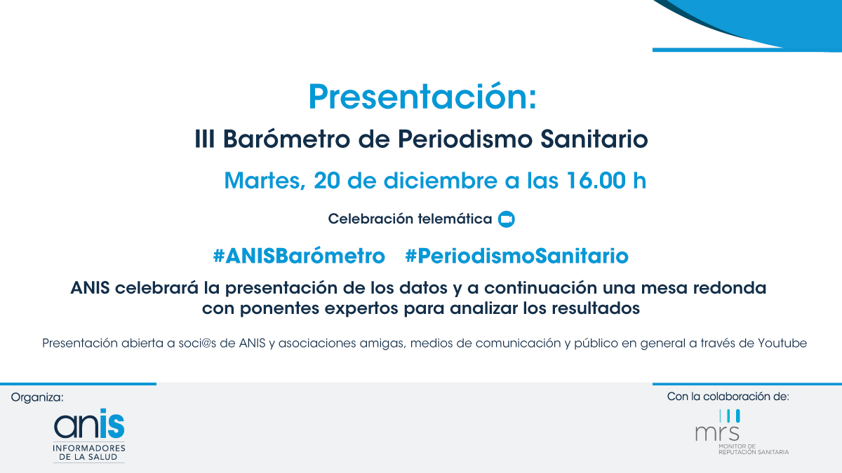 #SaveTheDate El Próximo 20/12 (16h) se presenta el III Barómetro de #PeriodismoSanitario a cargo <a href="/GraziellaAlm/">Graziella Almendral</a> presidenta de #ANISalud, y de José María San Segundo, Director de #MRS de <a href="/mercoranking/">Merco</a>  

Emisión en Youtube 📽️youtube.com/watch?v=7zMv0L…

#ANISBarómetro