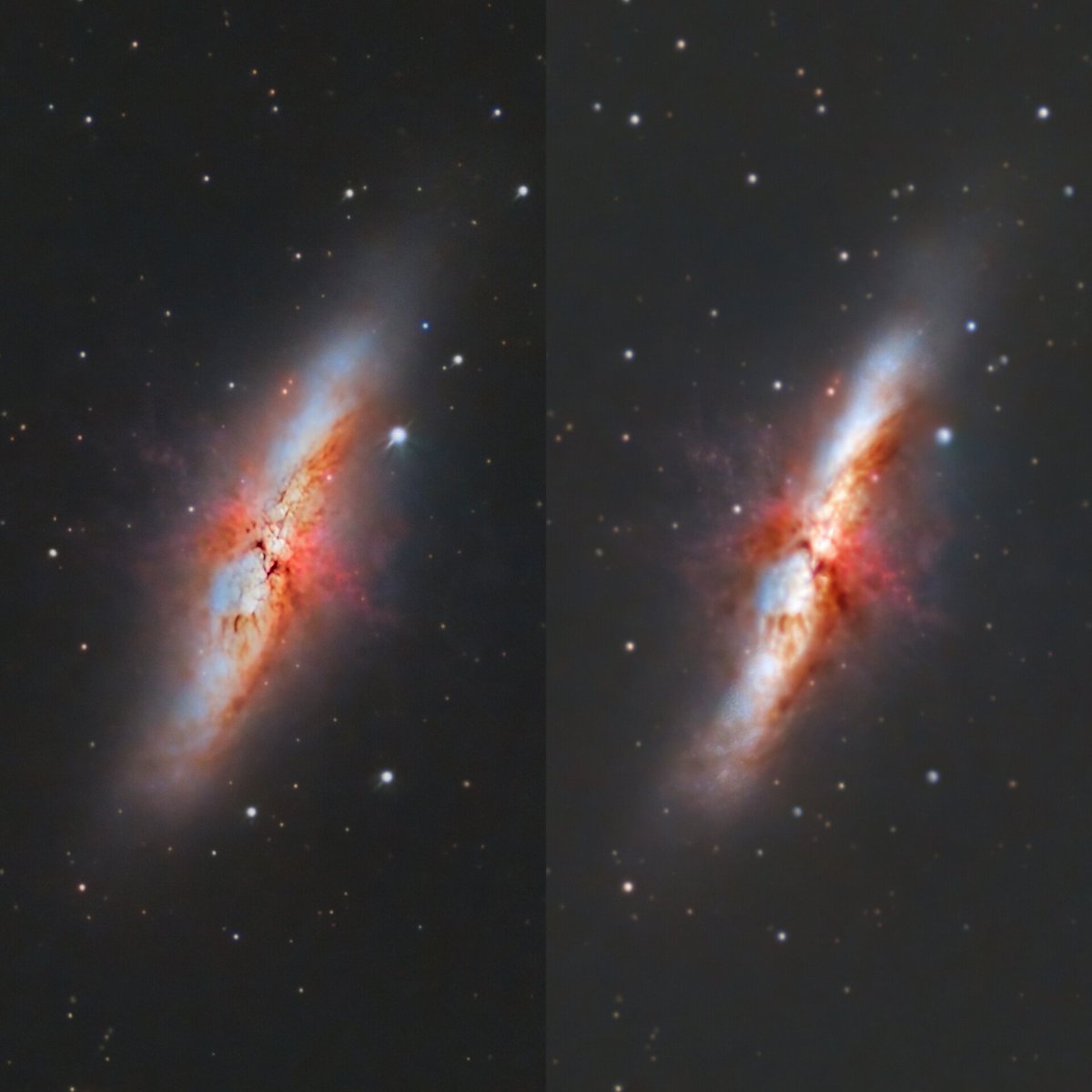 astrotad's tweet photo. I can see clearly now the blur has gone. Same data, same integration image, one month apart, the difference? BlurXTerminator! This is a game changer 🤯
#BlurXTerminator #messier82 #rcastro #Galaxy https://t.co/1lOybIq3Pp