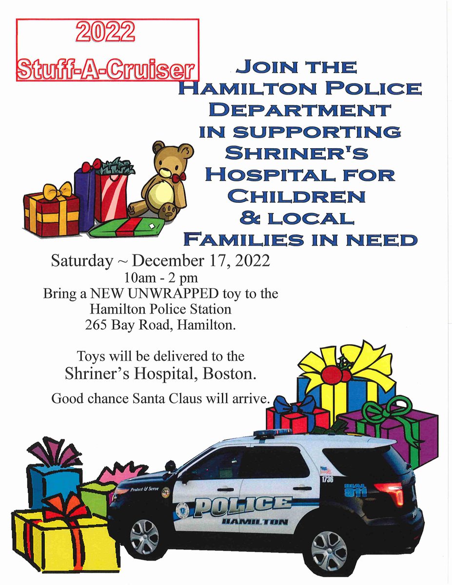 Just a reminder we're 24 hours away from our annual Stuff-A-Cruiser event! Bring a new, unwrapped toy down to the station between 10a-2p tomorrow. The toys will be going to the kids at Shriner's Children's Hospital in Boston & to some other local kids in need. We hope to see you!