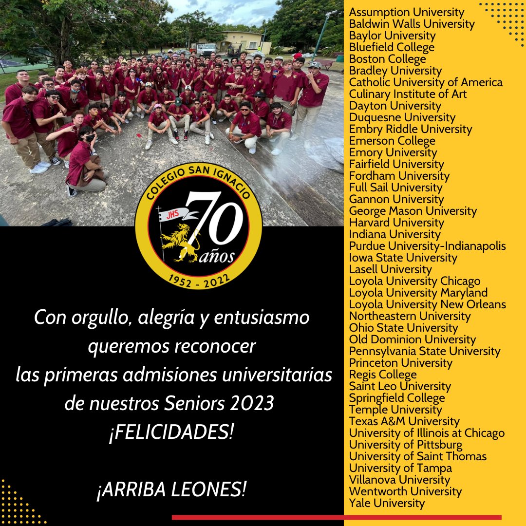 ColSanIgnacioPR's tweet photo. #CSI2023 #CSILeones | Con orgullo, alegría y entusiasmo queremos reconocer las primeras admisiones universitarias de nuestros Seniors 2023. ¡FELICIDADES! ¡ARRIBA LEONES! https://t.co/OKyS29RToq