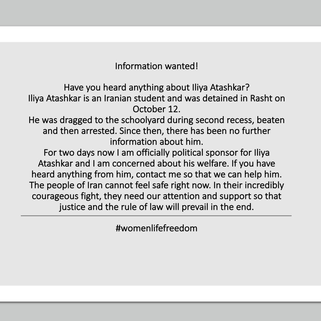 #IranRevolution2022 #Iliyaatashkar #FrauenLebenFreiheit Ich habe eine Patenschaft für Iliya Atashkar übernommen. Er ist ein Schüler aus dem Iran, der vor zwei Monaten in der Schule auf den Schulhof gezerrt, verprügelt und dann verhaftet wurde.