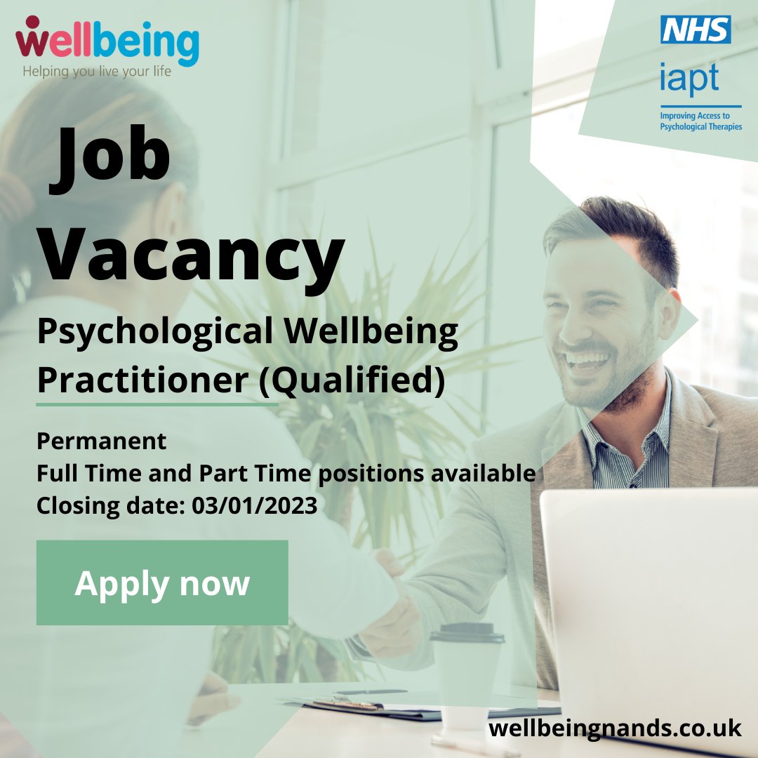 If you are a qualified Psychological Wellbeing Practitioner, we'd love to hear from you!

Read more about the role and apply here: wellbeingnands.co.uk/suffolk/psycho… 

#NHSjobs #Suffolkjobs #PWPjobs #wellbeing #Suffolk