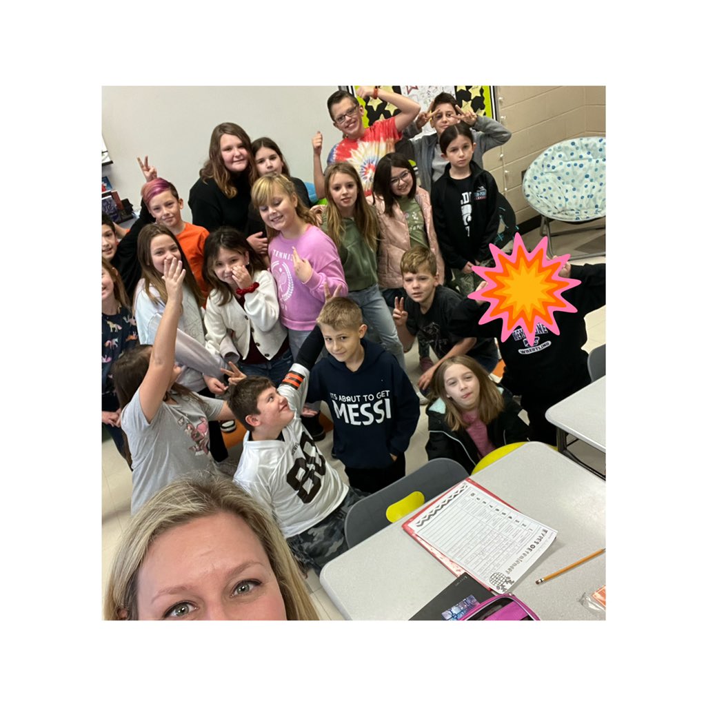 Morning meeting greeting : selfie salutation. Usually we do pretend selfies, but I let them take actual selfies today. *Some of us* need more work in this area (it’s me, hi). #classroomcommunity #keystonepride