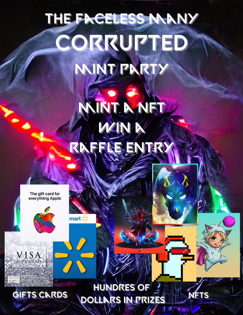 lisaisold's tweet photo. We are having a mint party!
In addition to getting your savages, minions, and wraiths
each mint from here on out will also put you into an entry for one of the following prizes:
2 $30 Walmart gift cards
2 $50 visa gift cards
🧵#nfts @TheFacelessMany @Faceless_Labs
#mint #free https://t.co/1FtdvFGWlY