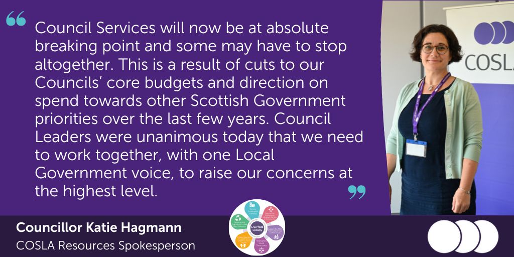 COSLA's tweet photo. Comment today from our Resources Spokesperson, Cllr @KatieHagmannSNP, following a COSLA meeting in which Council Leaders expressed disappointment that Councils, and the vital services they deliver, haven't been prioritised in yesterday's Budget. Read more: https://t.co/gAJzaWrCL3 https://t.co/UmgWECK61N