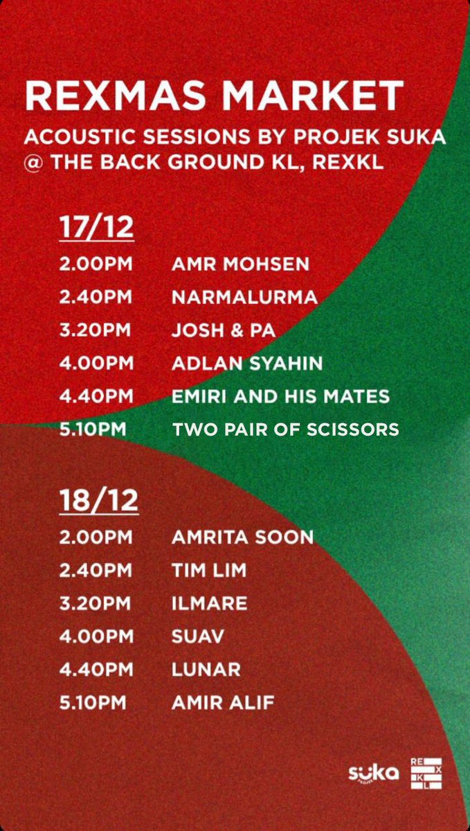 Jumpa weekend ni geng!! 

17 Dec
Gig Tanpa Nama <a href="/AngkasaSpace/">ANGKA///SA EVENT SPACE</a> by <a href="/KopitanpanamaMY/">Kopitanpanama.430</a> <a href="/Sirap_Ais_/">SirapAis</a> 

17 &amp; 18 Dec
RexMas Market | Projeksuka Acoustic Session <a href="/hellorexkl/">RexKL</a> 

Ini dia rundown untuk 2 acara. Pulun sampai habis!!! Event terakhir by Projeksuka &amp; collective lain. support 🤘🏽🫶🏼