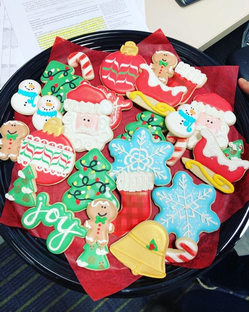 URHemOncFellows's tweet photo. Beautiful holiday cookies provided by Dina Henchen (our amazing program coordinator) with a side of a landmark ipi/nivo paper 😂❄️🎄 https://t.co/gLgT7CZMlE https://t.co/VFS91MwHVl