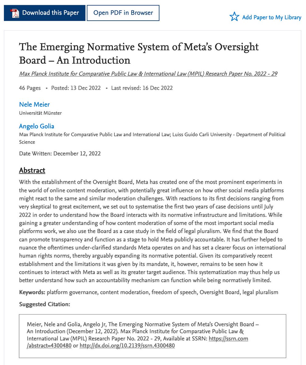 MPILheidelberg's tweet photo. In #MPIL Research Paper Series No.2022-29 @nele_maia and @AJrGolia systematise the first two years of case decisions of the #MetaOversightBoard. Viewing it as a case study of legal pluralism they examine its normative potential.
@OversightBoard 
👉https://t.co/3tkPEPI1a3 https://t.co/5d5dPjn94p