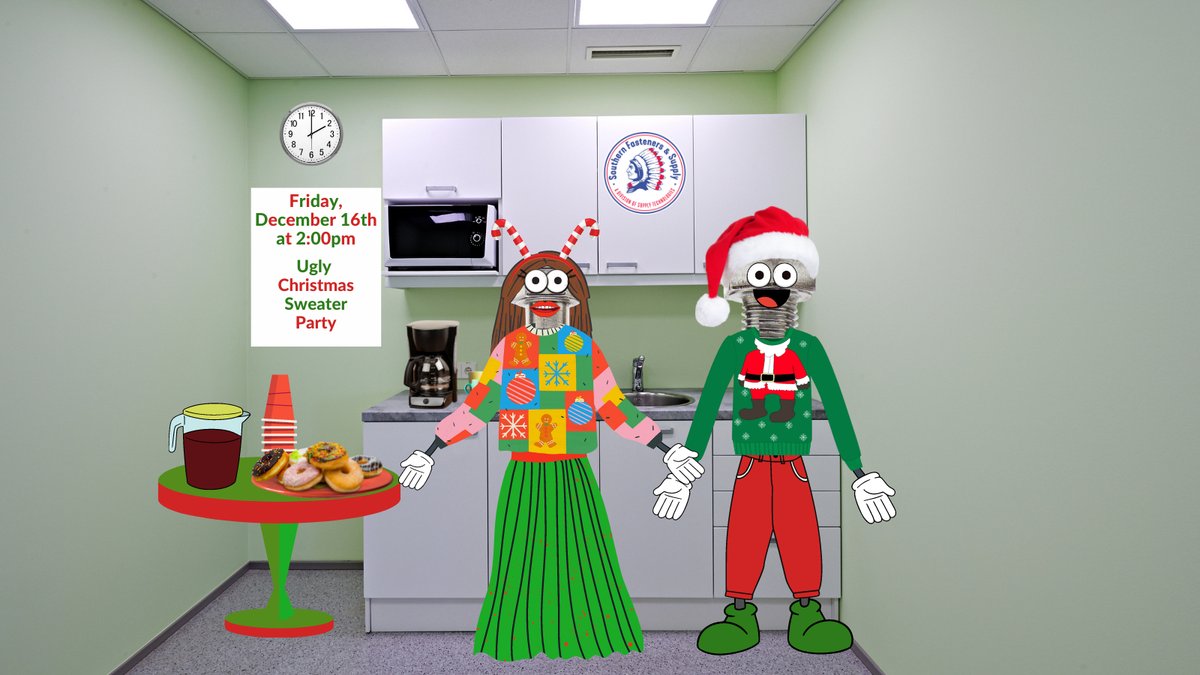 SFandS_LLC's tweet photo. Today is #UglySweaterDay and it appears that our fasteners have gotten into the spirit of things. 

#mysfas #southernfasteners #Fridayfun https://t.co/915KrhV2eB