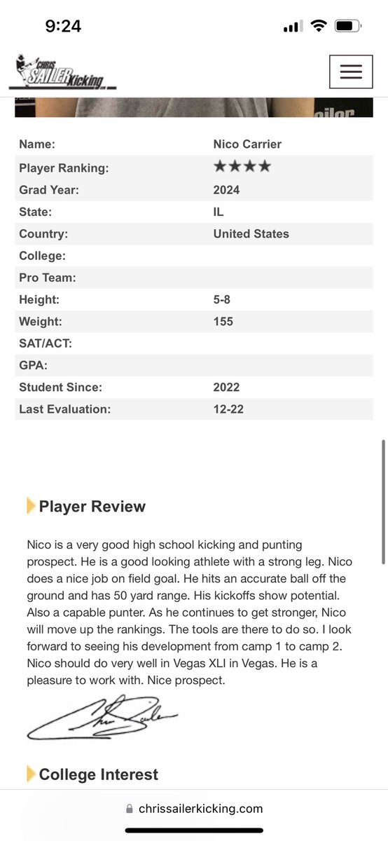 carrier_nico's tweet photo. Greatful for a 4⭐️ rating from @Chris_Sailer ! Can’t wait to keep getting better and stronger this off-season! https://t.co/BOZ4FshIgB