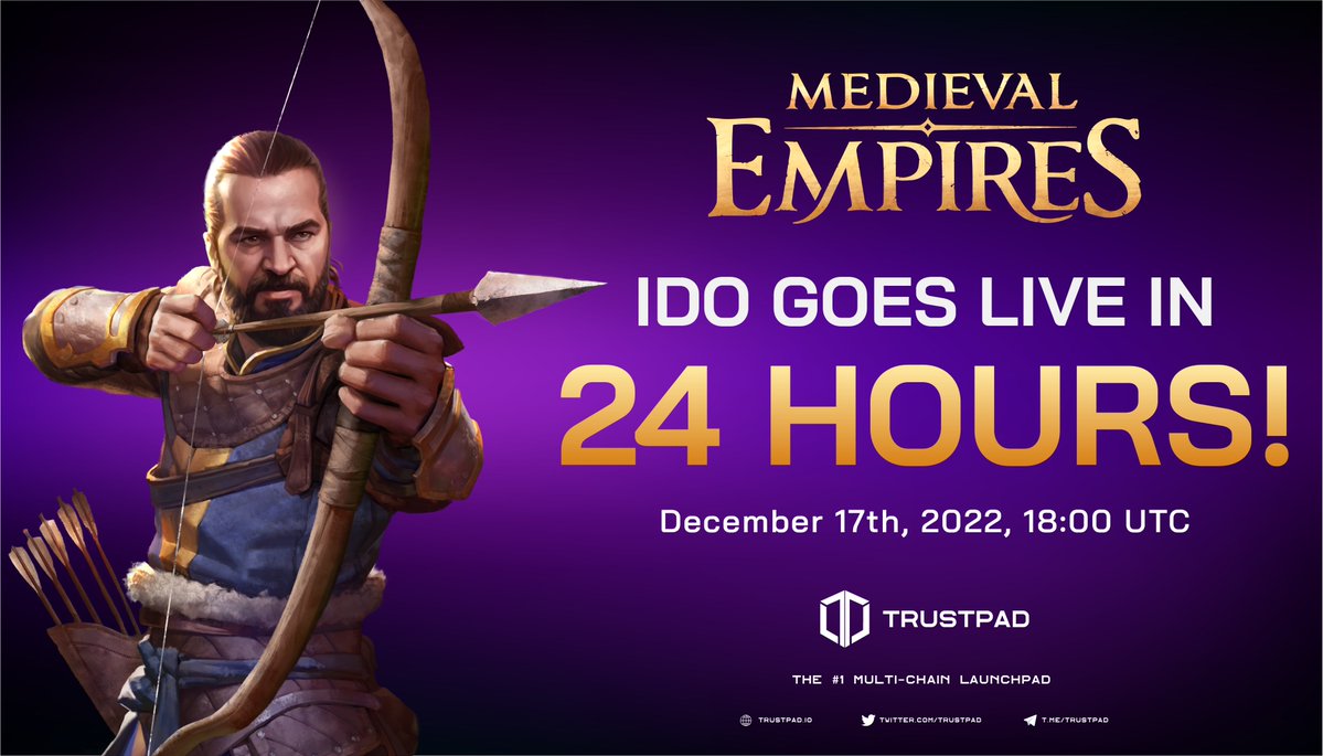TrustPad_io's tweet photo. 🔥 @MedievalEmpires is launching on #TrustPad in less than 24 hours! 🚀

📅 #IDO starts: Dec 17th, 18:00 UTC

🚀 Listing: Dec 19th on @Bybit_Official and @QuickswapDEX

✅ Min. 10K $TPAD staked needed for Guaranteed Allocation.

📝👉 https://t.co/6mWXz5UN8W

Powered by #Polygon https://t.co/HdMkB4w2EO