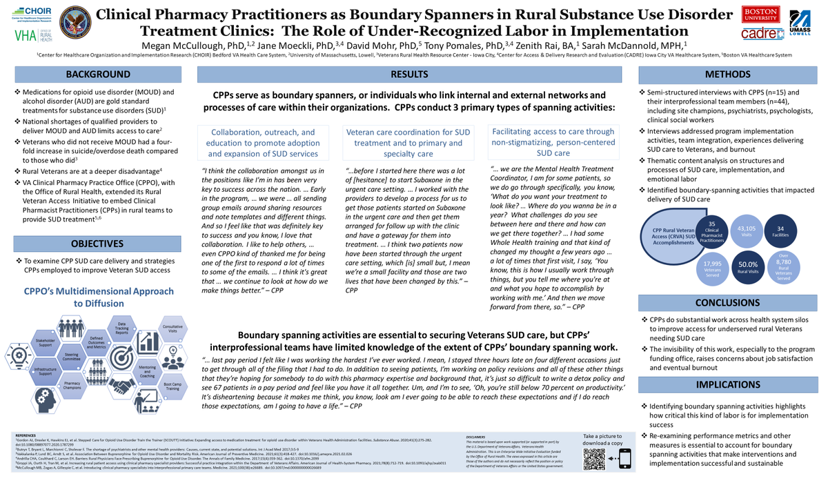 ICYMI at #DIScience22...check out this poster on clinical pharmacy practitioners as boundary spanners in rural #SUD treatment clinics!

@MeganMc_MedAnth @David_C_Mohr w/ 📷 of Zenith Rai presenting