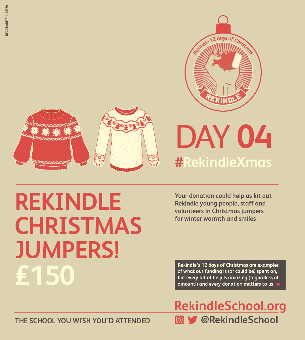 DAY 4!! Continuing on with the 'its so so cold' theme, your donations could contribute to providing young people with Christmas jumpers over the festive season!☃️ Remember, if you retweet part of our Xmas campaign you will be entered into our raffle! checkout.justgiving.com/c/3296826