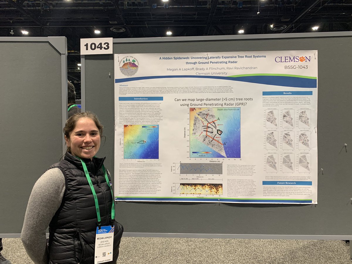 Come by and chat with Megan about imaging tree roots with GPR this afternoon at poster 1043 #agu22 <a href="/ClemsonEEES/">Clemson EEES</a>