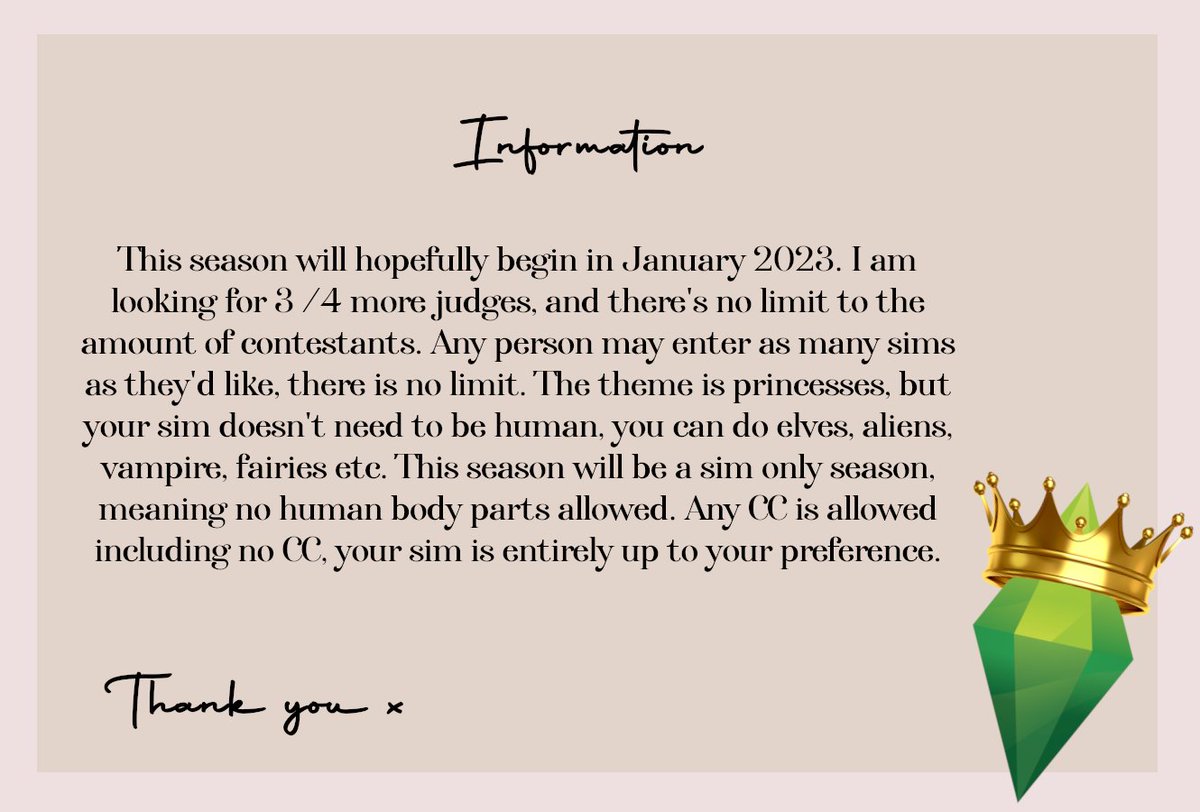 TS4FOTA's tweet photo. Here's some information on the upcoming season, please DM me to become a judge! https://t.co/SFtSyi1SrZ