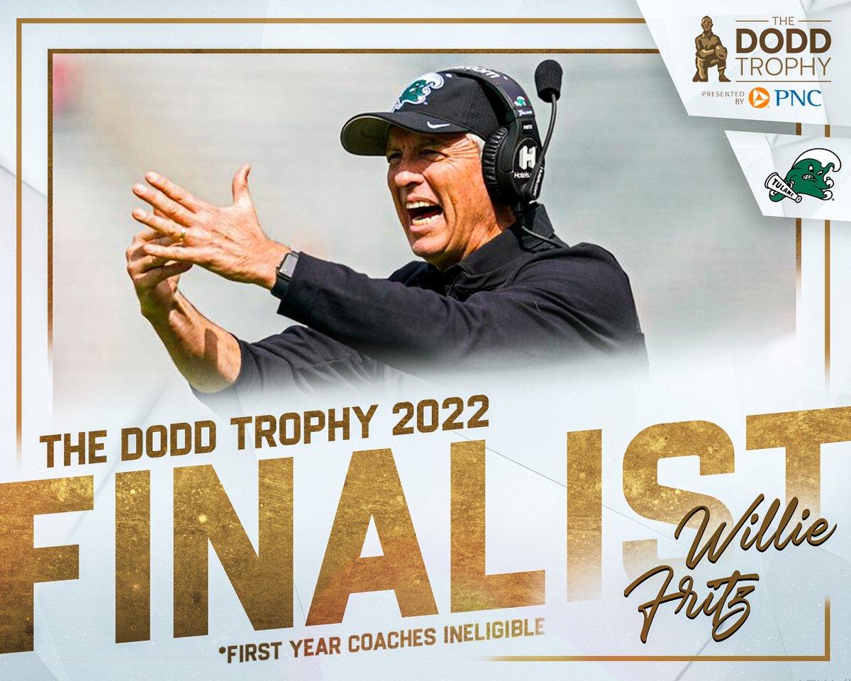 Fan Voting is now open for the 2022 #DoddTrophy! RT to cast your vote for Willie Fritz as the Dodd Trophy Coach of the Year 🏆

<a href="/GreenWaveFB/">Tulane Football</a> | #RollWave
Presented by <a href="/PNCBank/">PNC Bank</a>