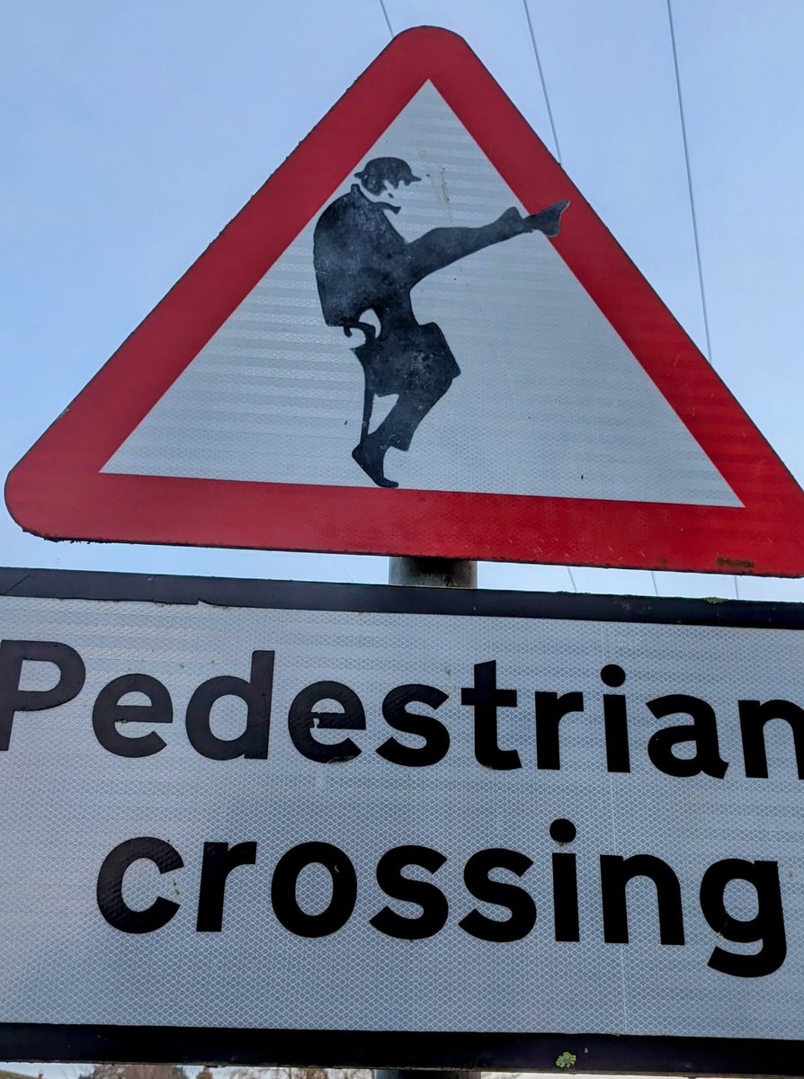Came across charming road sign in Bilton upon Ainsty near York that uses silhouette of <a href="/JohnCleese/">John Cleese</a>  from <a href="/montypython/">Monty Python</a> Ministry of Silly Walks #comedy #MontyPython #Roadsafety