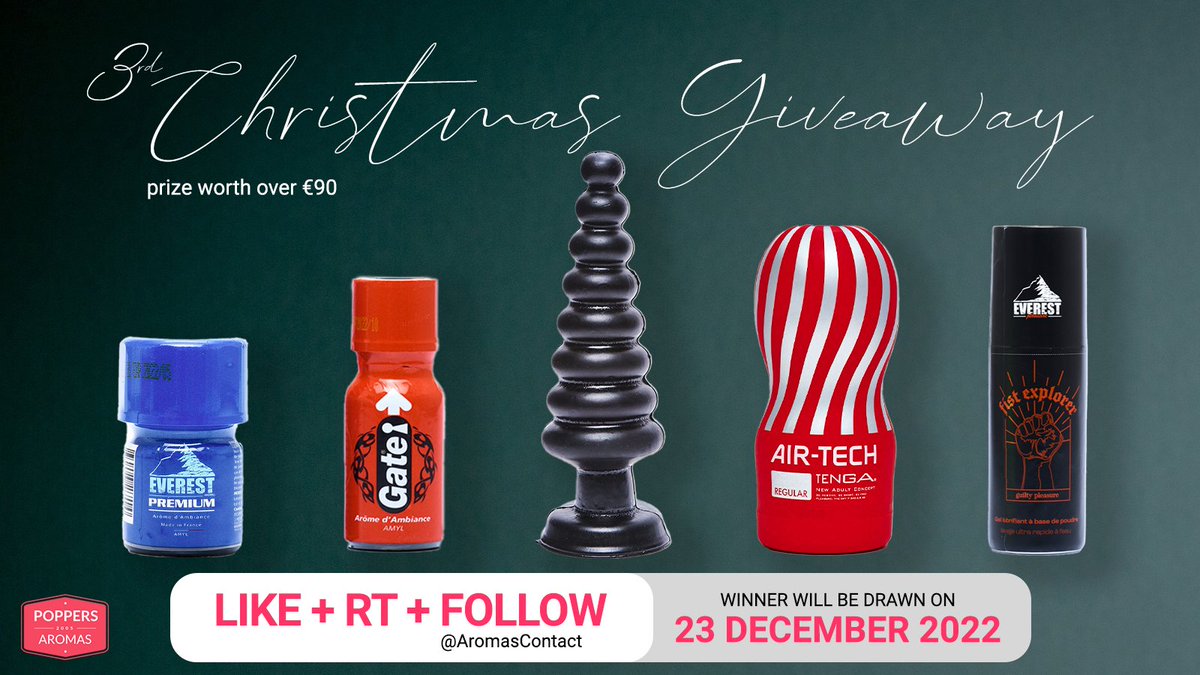 AromasContact's tweet photo. Time for the 3rd and last Christmas Giveaway 🎁

Get strongest amyl poppers + lube, dildo &amp; masturbator 😈 
The winner will be drawn in a week, 23 December!

#ChristmasGiveaways #poppers #PopperSale #popperbate #Giveaway #Contest #ppbh #fridaynightfunkin https://t.co/tiS8NNUnjw