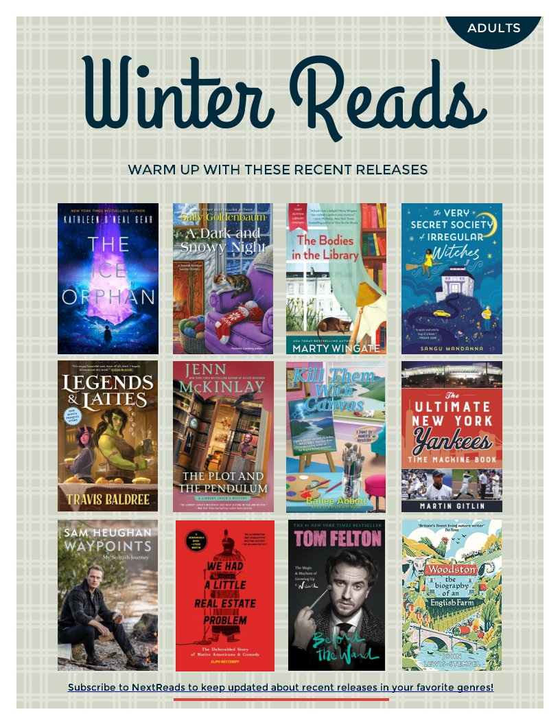 RivFreeLibrary's tweet photo. Looking for a recent release to avoid the cold with? Here's some of the books that can be found in our new book section! Click the LibraryAware link and then the book cover to request an item. #newbooks #recentreleases #2022reading #rfl #thisisriverhead https://t.co/6HgYRfcmH6 https://t.co/aMxb1rvKe2