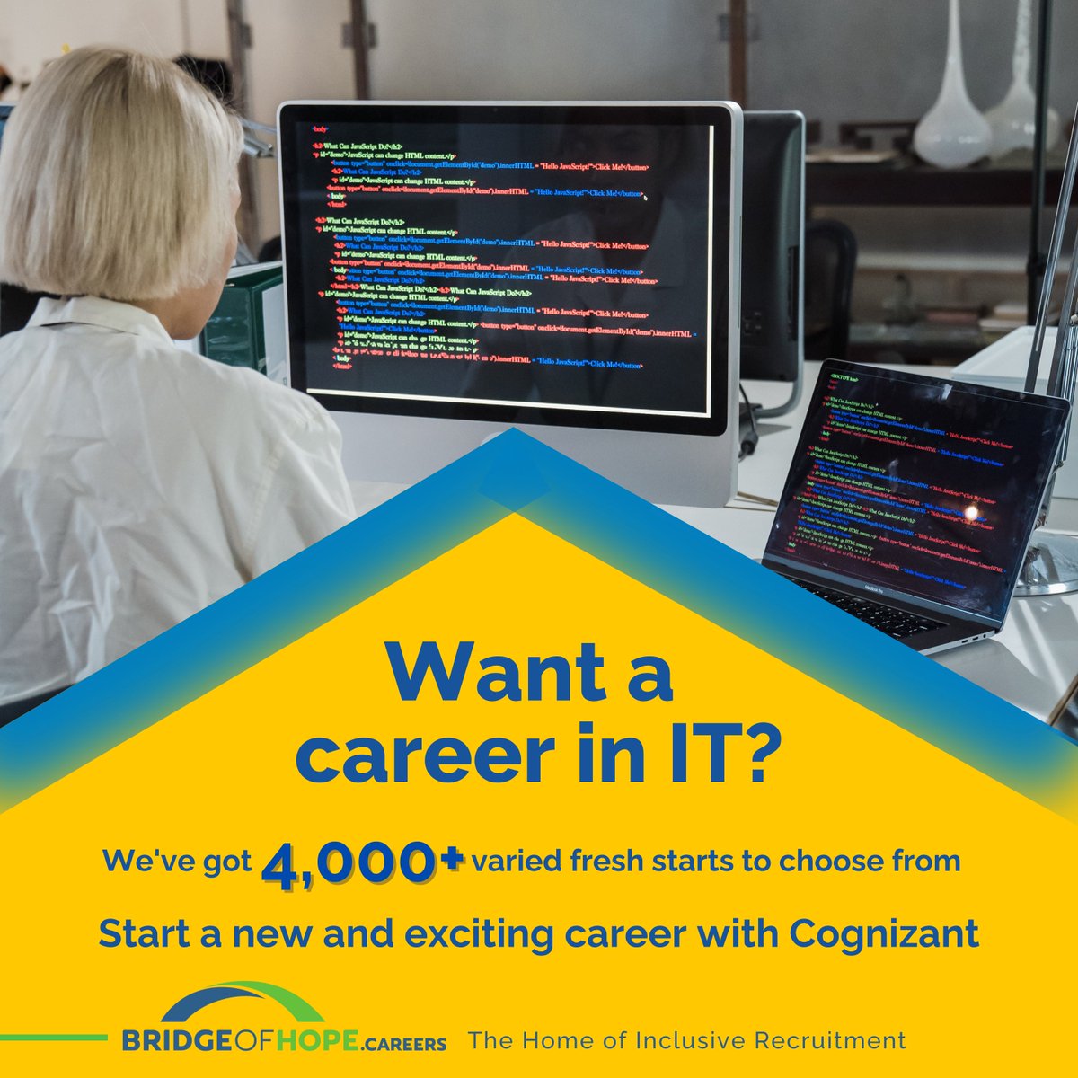 Make a fresh start in one of the fastest-growing industries worldwide.

Thanks to Bridge of Hope's partnership with <a href="/Cognizant/">Cognizant</a>, we have exciting opportunities in the IT industry.

Click the link to find out more
bridgeofhope.careers/clients/cogniz…
#BoHCareers #Cognizant #inclusiverecruitment