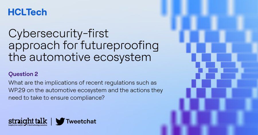 Eli_Krumova's tweet photo. Q2. 1/2 #Regulatory frameworks, such as WP.29, not only facilitate the path to #standardization in the #automotive #industry, but also push for an #ecosystem, based on #global automotive #safety, while implementing #innovative #technologies. 

@CTOStraightTalk #STinsights #OneHCL https://t.co/xizZAWYs6D