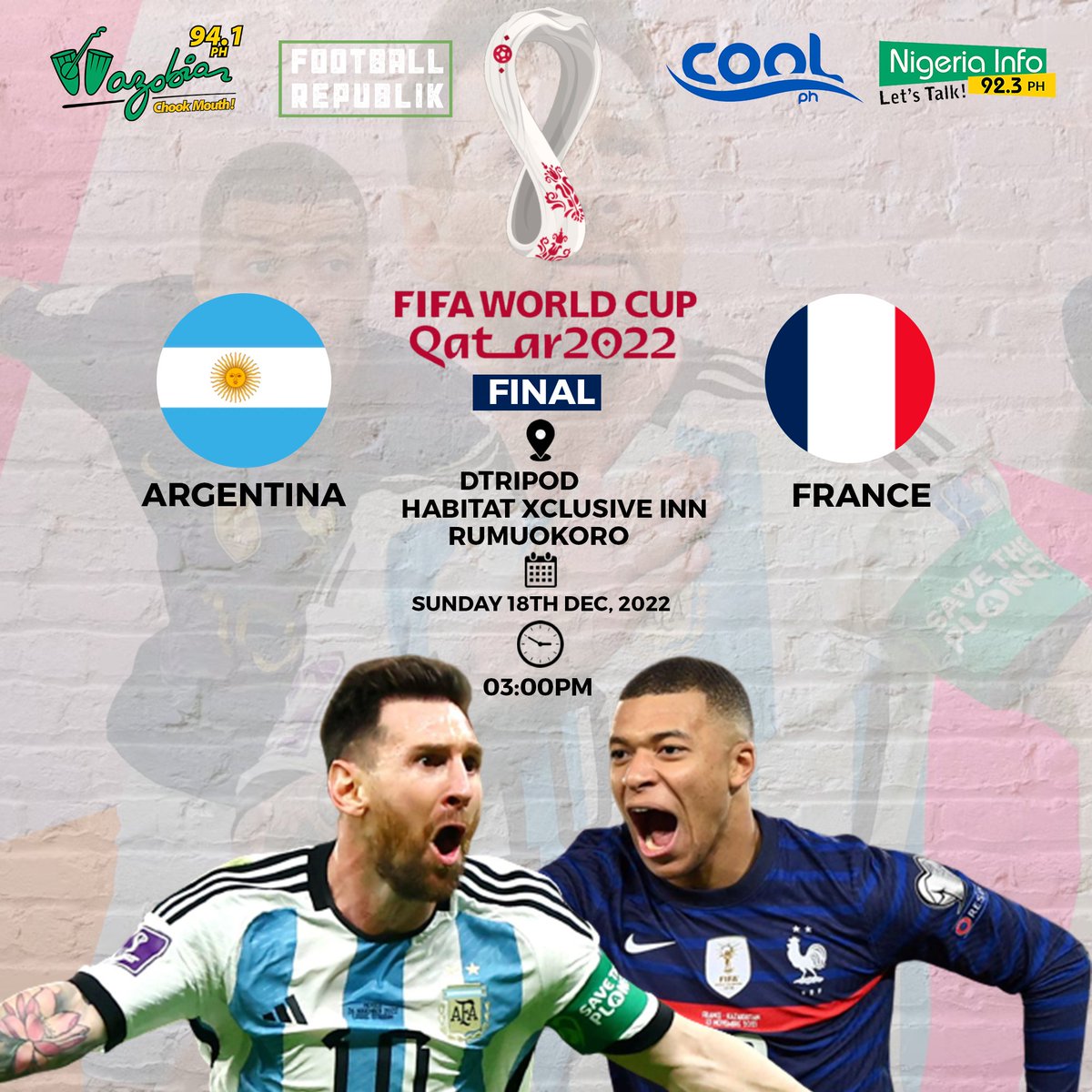 📍Make it a date with <a href="/CoolFMPH/">COOL FM</a> X <a href="/WazobiaFMPH/">WazobiaFMPH</a> X <a href="/NigeriaInfoPH/">NigeriaInfoPH</a> Sports team this Sunday, 18th Dec, 2022 as we view the #FIFAWorldCup    final at Habitat Xclusive Inn, Rumuokoro.
 
Time: 3pm 
Gate Fee: FREE!

#Qatar2022 
Cc: <a href="/Ikwerreman/">China Acheru</a> <a href="/Onahkosi/">Onah kosisochukwu</a> <a href="/OfficialSuo/">Chief Suo</a> <a href="/SportPaparazzi1/">FAVOUR ITUA</a>