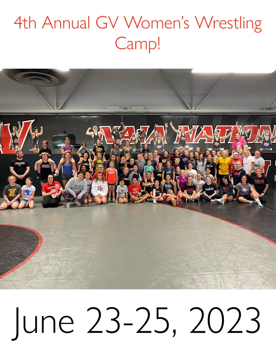 MARK YOUR CALENDAR! 👀 

Our 4th Annual GV Women’s Wrestling Camp is on June 23-25, 2023! 

Each summer we had over 50 campers from 10 different states! Looking forward to another great camp with new and returning campers 🫶🏻

…more information coming soon