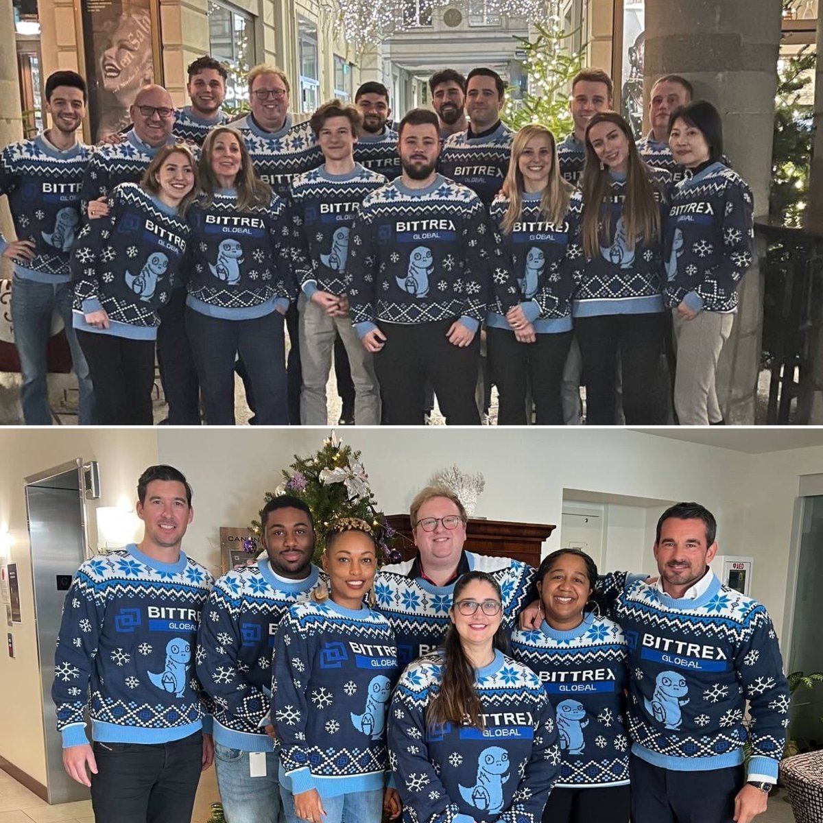 BittrexGlobal's tweet photo. Happy #NationalUglySweaterDay from our BG teams near and far! 

First up, some of our Bermuda and Zurich colleagues👇  #HoHoHODL https://t.co/wPT23pO7Ng