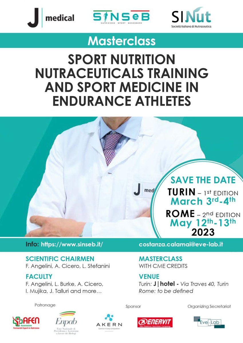 SinsebComunica's tweet photo. ECCO IL PROGRAMMA
Sport nutrition nutraceuticals: training and sport medicine in endurance atlhetes. #Torino 3-4 marzo 2023  #SportNutrition #nutraceuticals #Training #SportMedicine #Endurance info https://t.co/xTbxY6ZyIb costanza.calamai@eve-lab.it #Enervit #Akern https://t.co/ElNLmqpQum