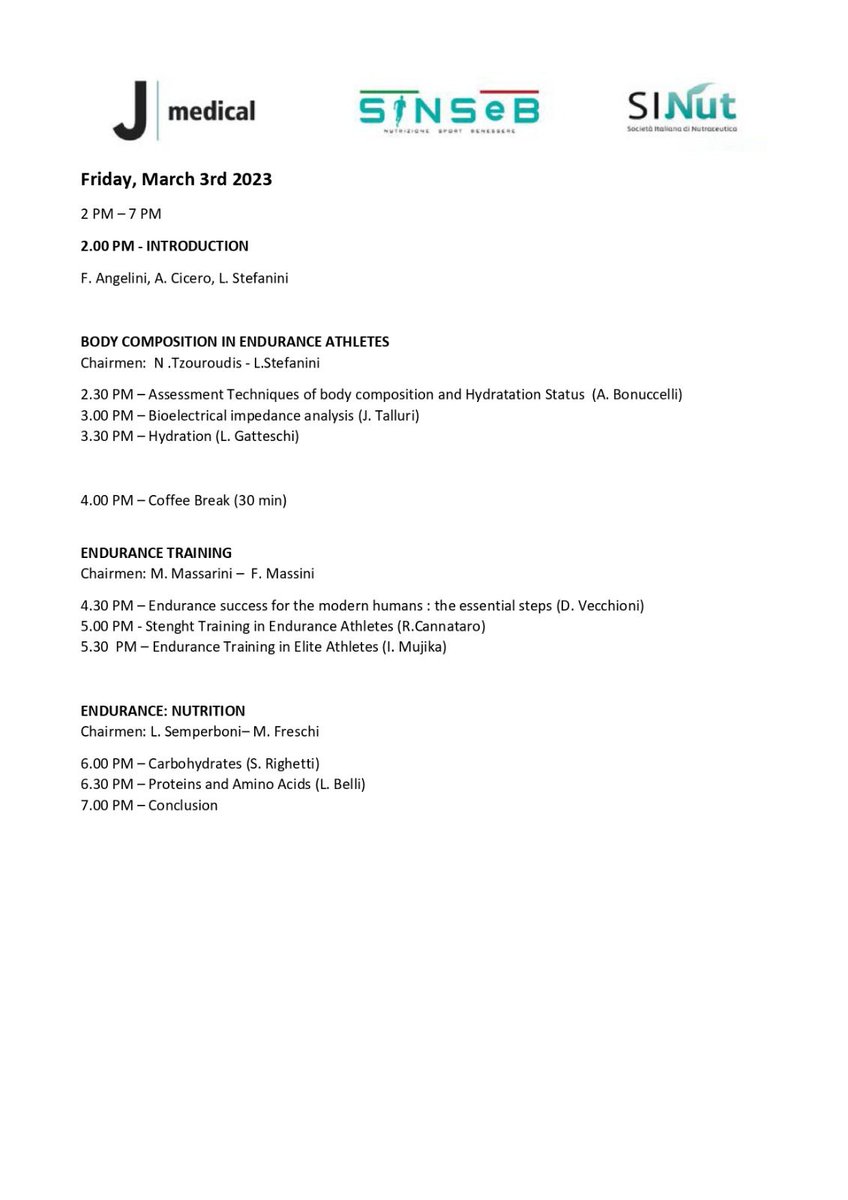 SinsebComunica's tweet photo. ECCO IL PROGRAMMA
Sport nutrition nutraceuticals: training and sport medicine in endurance atlhetes. #Torino 3-4 marzo 2023  #SportNutrition #nutraceuticals #Training #SportMedicine #Endurance info https://t.co/xTbxY6ZyIb costanza.calamai@eve-lab.it #Enervit #Akern https://t.co/ElNLmqpQum