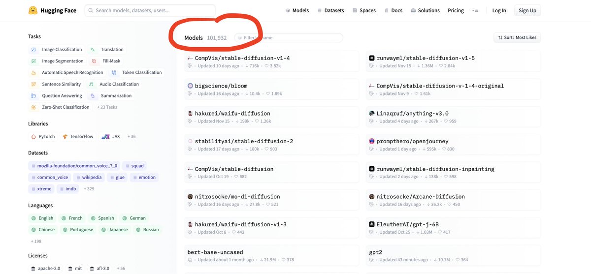 clem 🤗 (@clementdelangue) on Twitter photo We crossed 100,000 public AI models on the <a href="/huggingface/">Hugging Face</a> hub available for free to all. Thank you to the whole community of contributors. Proud to make ML more open & collaborative! We crossed 100,000 public AI models on the <a href="/huggingface/">Hugging Face</a> hub available for free to all. Thank you to the whole community of contributors. Proud to make ML more open & collaborative!