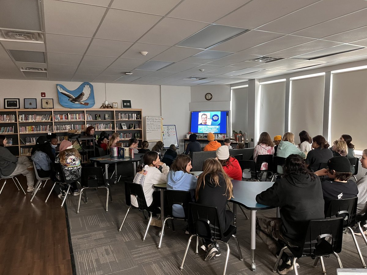 Intermediate students have gathered together to listen to <a href="/DaveAlexRoberts/">David A. Robertson</a>  <a href="/ugdsb/">Upper Grand DSB</a> <a href="/GrandvalleyDPS/">Grand Valley DPS</a> <a href="/KristaBuchta/">Krista Buchta (she/her)</a>