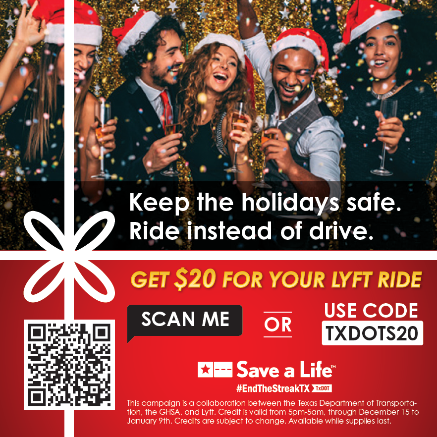 TxDOTHouston's tweet photo. Help keep the holidays safe this year by taking a sober ride home. TxDOT is giving out $20 @Lyft credits to the 6 county area (Harris, Montgomery, Ft Bend, Brazoria, Galveston, Waller). This is partnership between TxDOT, Governors Highway Safety Assc, &amp; Lyft. https://t.co/gNWCJvbrLo