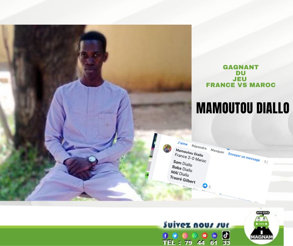 MagnamAuto's tweet photo. 👉Notre heureux gagnant est Mamoutou Diallo. Il reçoit 5.000 f pour l'achat de crédit téléphonique.
Lîkez, cômmentez et pårtagez pour féliciter le gagnant. 👏

#autoécole #Magnam #Mali #SécuritéRoutière #savoirconduire #CDM2022 https://t.co/dbciq7U1UN