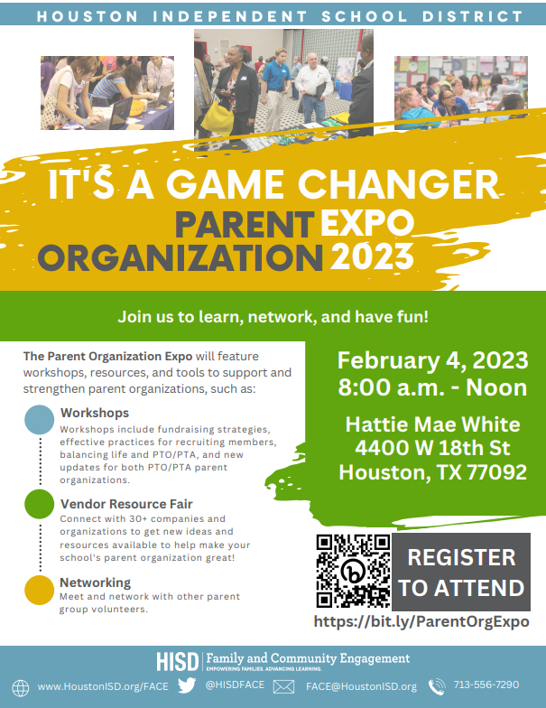Parents and Caregivers! 📢 Are you looking to build or strengthen your parent organization? Join us for an incredible day of learning and growing at the Parent Organization Expo! 🙌 Use the link to register now! bit.ly/ParentOrgExpo @houstonisd